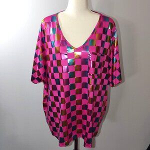 Metallic Checkerboard V-Neck Top With Pocket Pink/Multicolor Jodifl- Size: Small